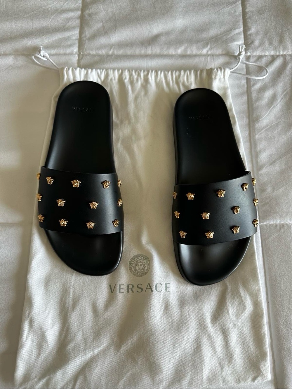 Versace Black Slides with Gold Medusa Studs